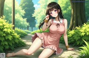 A girl in a school uniform standing in the middle of a forest.