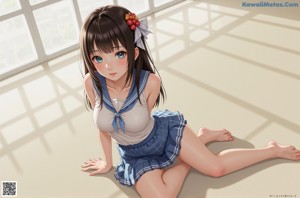 A girl in a school uniform sitting on the ground.