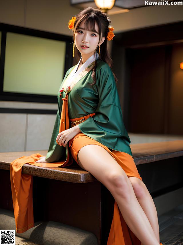 A woman in a green and orange dress sitting on a bench.