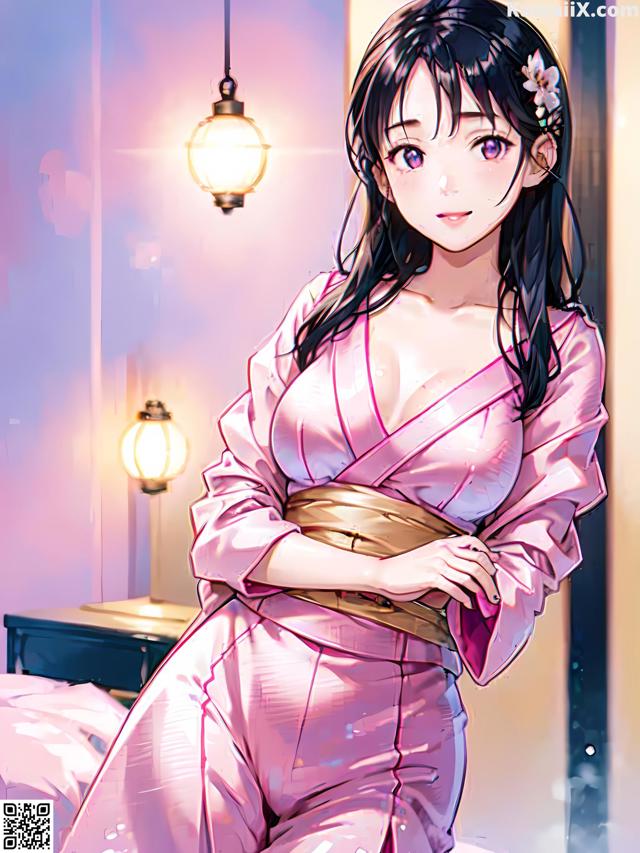 A woman in a pink kimono sitting on a bed.