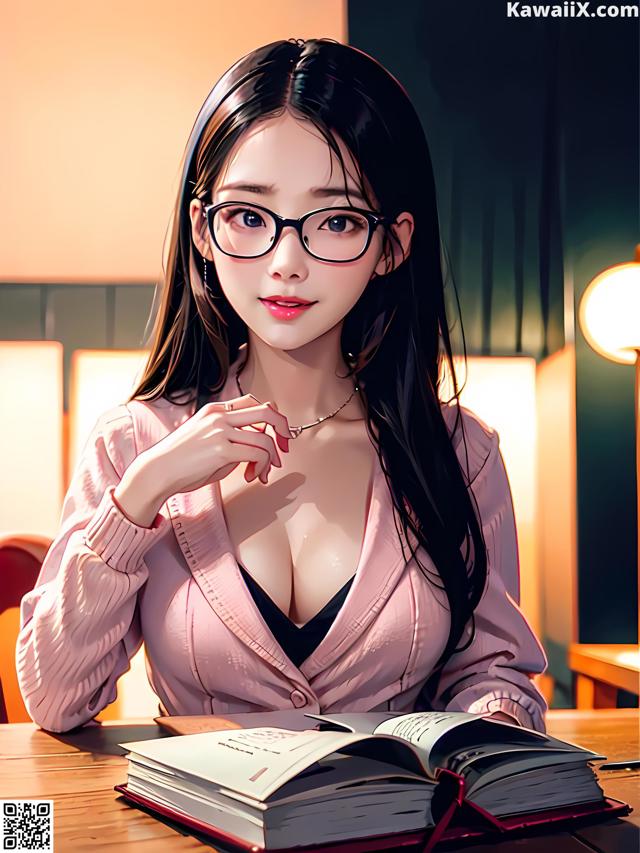 A woman sitting at a table with a book and glasses.