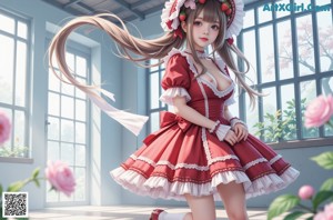 a girl in a red dress with a bunny on her head