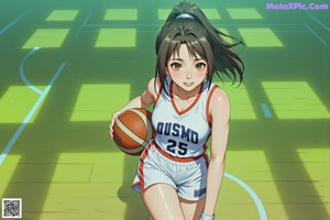 A girl in a green and yellow uniform holding a basketball.