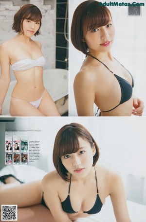 A woman in a white bikini and a black jacket.