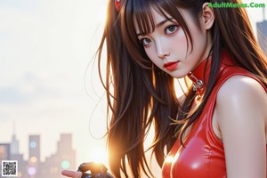 A woman in a red and black outfit standing in front of a city.