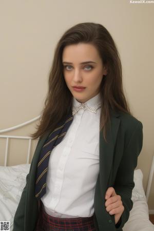 A young woman in a school uniform sitting on a bed.