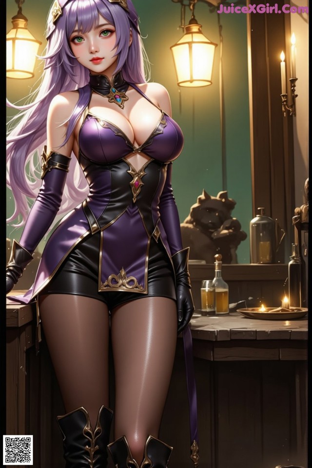 Hentai - The Velvet Nightfolds Embrace Her Regal Presence Set.1 20250104 Part 12 No.8f8072 A woman in a purple and black outfit standing in front of a bar.