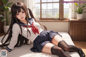 A girl in a school uniform standing on a pier.