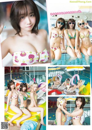 A group of three women in bikinis standing next to each other.