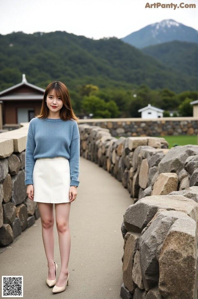 A woman in a blue sweater and white skirt posing for a picture.