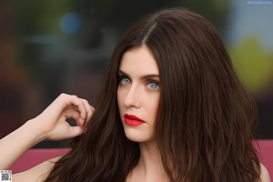 A woman with long brown hair and blue eyes posing for a picture.