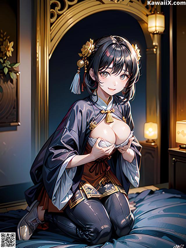 A woman in a kimono sitting on a bed.