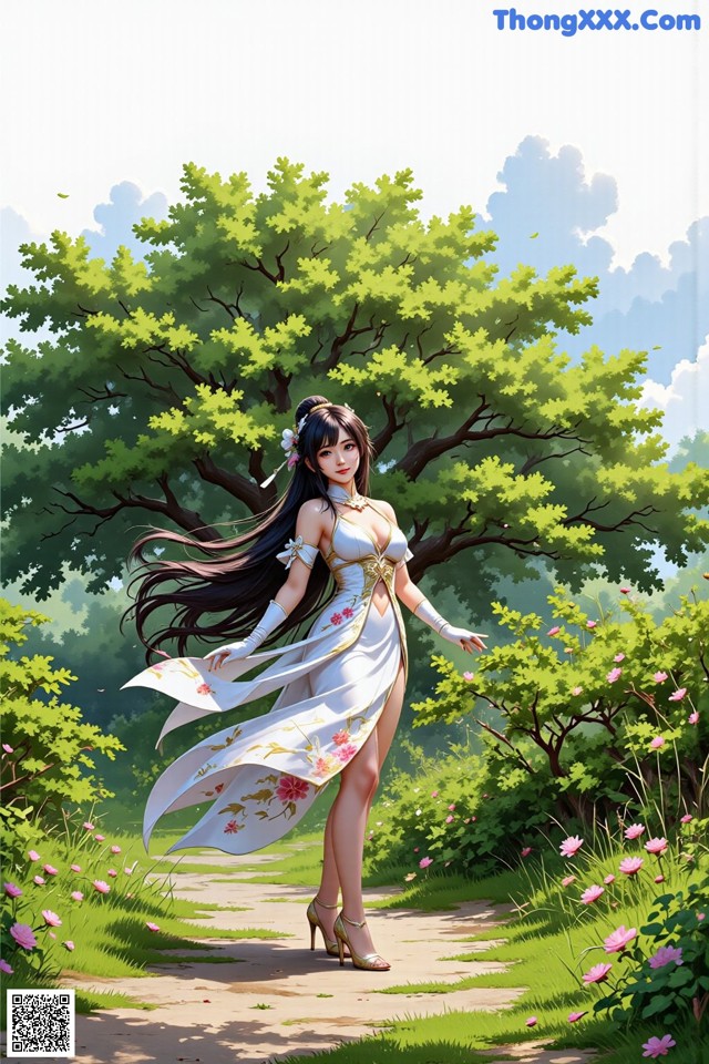 Hentai - The Frozen Elegance That Melts Starlight Set.2 20250106 Part 6 No.8761f7 A woman in a white dress walking down a path in a park.