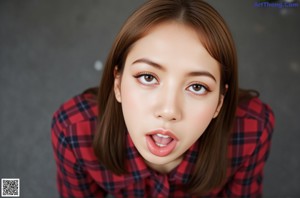 A woman wearing a red and black plaid shirt and a white scarf.