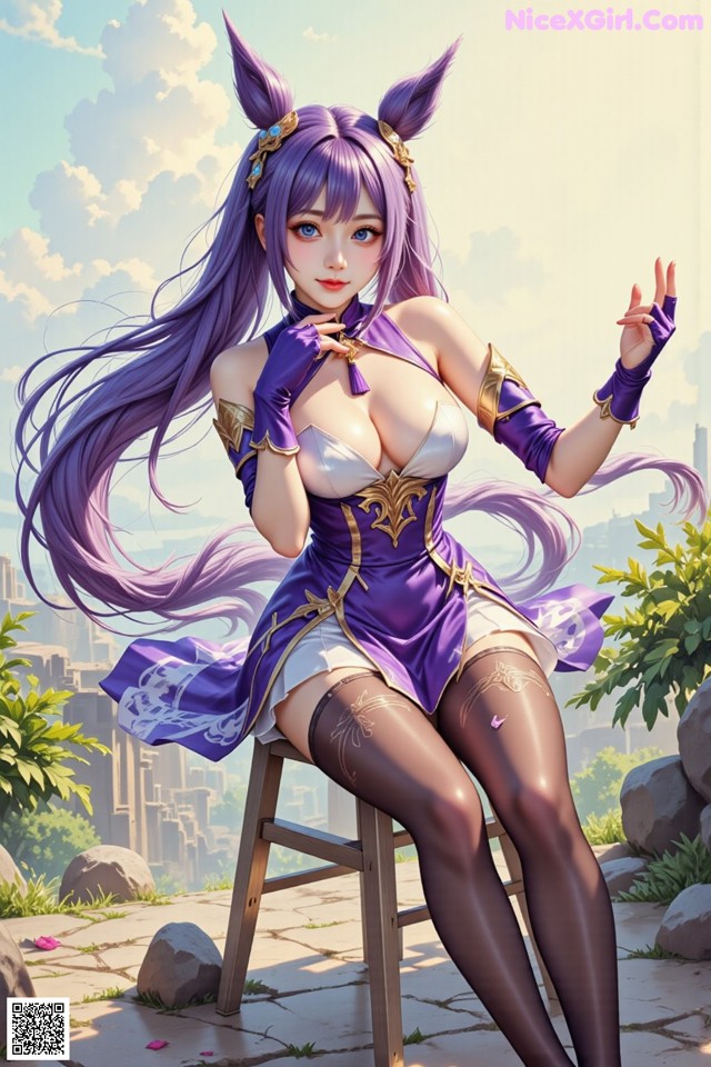 Hentai - Sovereign of Lightning in Exquisite Garb Set.2 20250126 Part 20 No.bee1b8 A woman with long purple hair sitting on a chair.