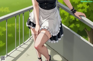 A woman in a maid outfit is walking down a sidewalk.