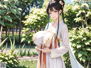 A woman in a white kimono standing in front of a window.