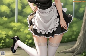 A woman in a maid outfit is standing in a kitchen.