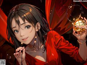 A woman in a red and gold outfit standing on a bed.