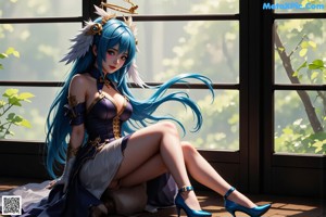 A woman with blue hair sitting on a bed next to a window.