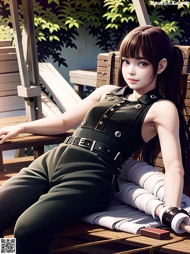 A woman sitting on a wooden bench in a park.