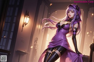 A woman with long purple hair sitting on the ground.