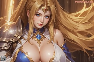 A woman in a blue and white outfit holding a sword.