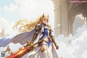 A woman in a bikini holding a sword in front of a tower.