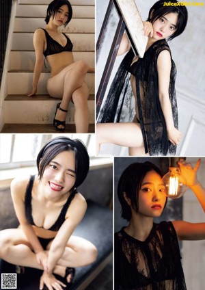 A woman in a black lingerie laying on a bed.