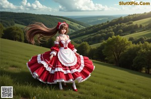A woman in a red and white dress posing for a picture.