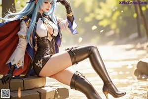 A woman with long blue hair standing in a field.