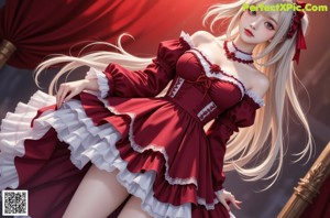 a woman in a red dress with a big tits