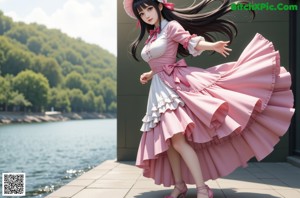 A woman in a dress and hat posing for a picture.