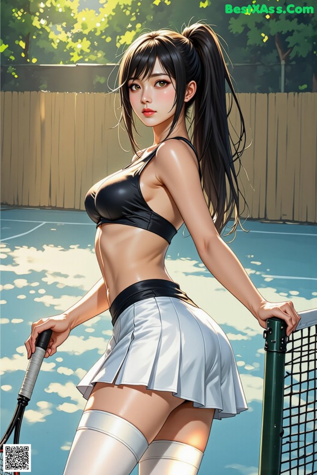 A woman holding a tennis racket on a tennis court.