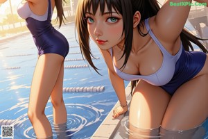 A woman in a bikini sitting next to a swimming pool.