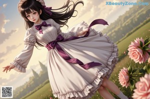 A woman in a white dress with a pink bow.