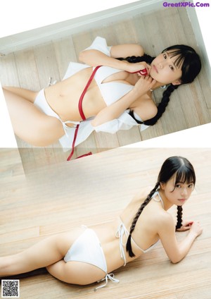 A woman in a red and white checkered bikini leaning against a wall.