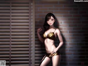 A woman in a black lingerie sitting on a bed.
